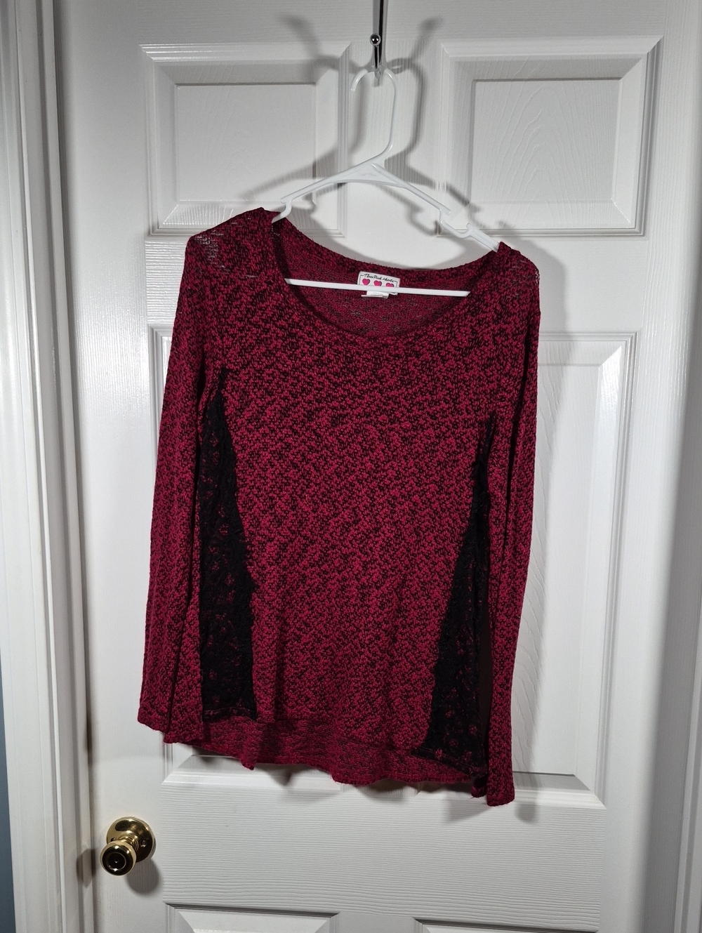 Three Hearts Burgundy Long Sleeve Lace-Panel Top